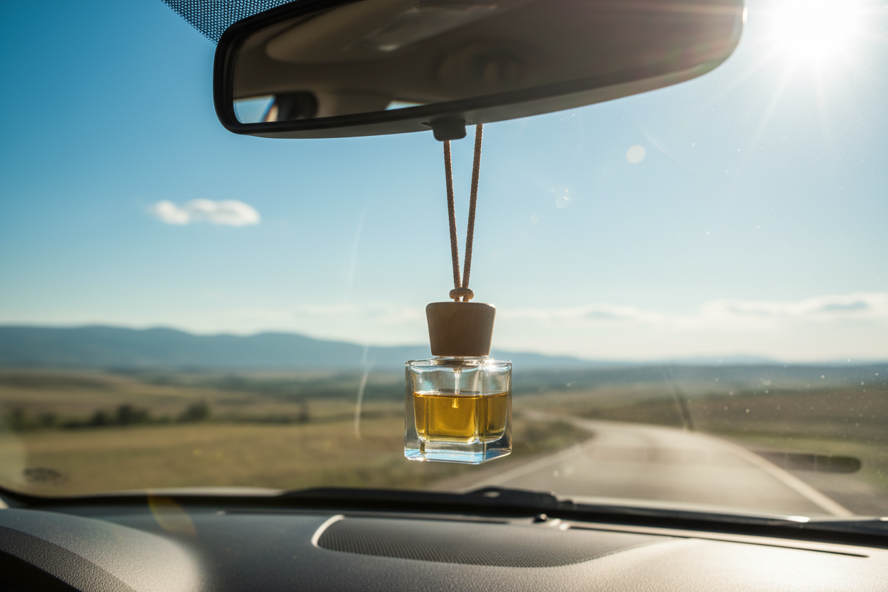 Car Diffuser Air Fresher hanging from the rearview mirror