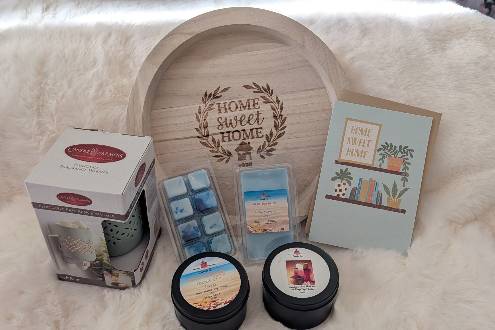 Luxury Closing Gift Package includes wax warmer, (2) wax cubes, (2) 8 oz candle tins, card and Home Sweet Home wood tray and Home Sweet Home greeting card