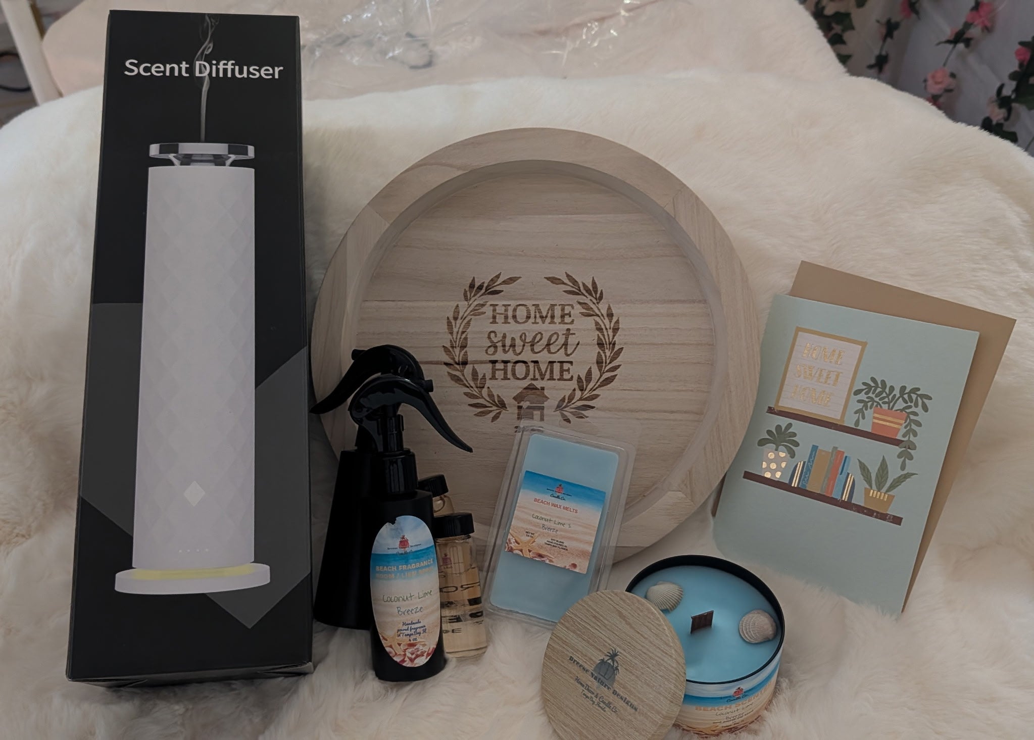 Client For Life Premium Closing gift package includes home diffuser, room spray, wax cubes, 10 oz candle tin with wood lid, Home Sweet Home wood tray and Home Sweet Home greeting card