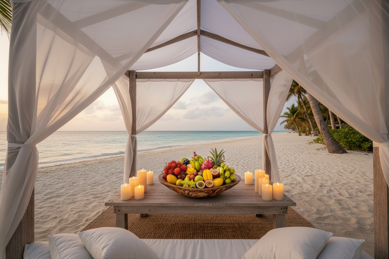 Beach cabana with fruit bowl and candles